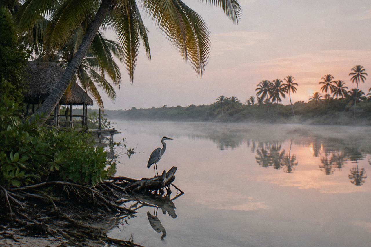 Palms and still lagoon water at dawn inside the Sian Ka'an biosphere