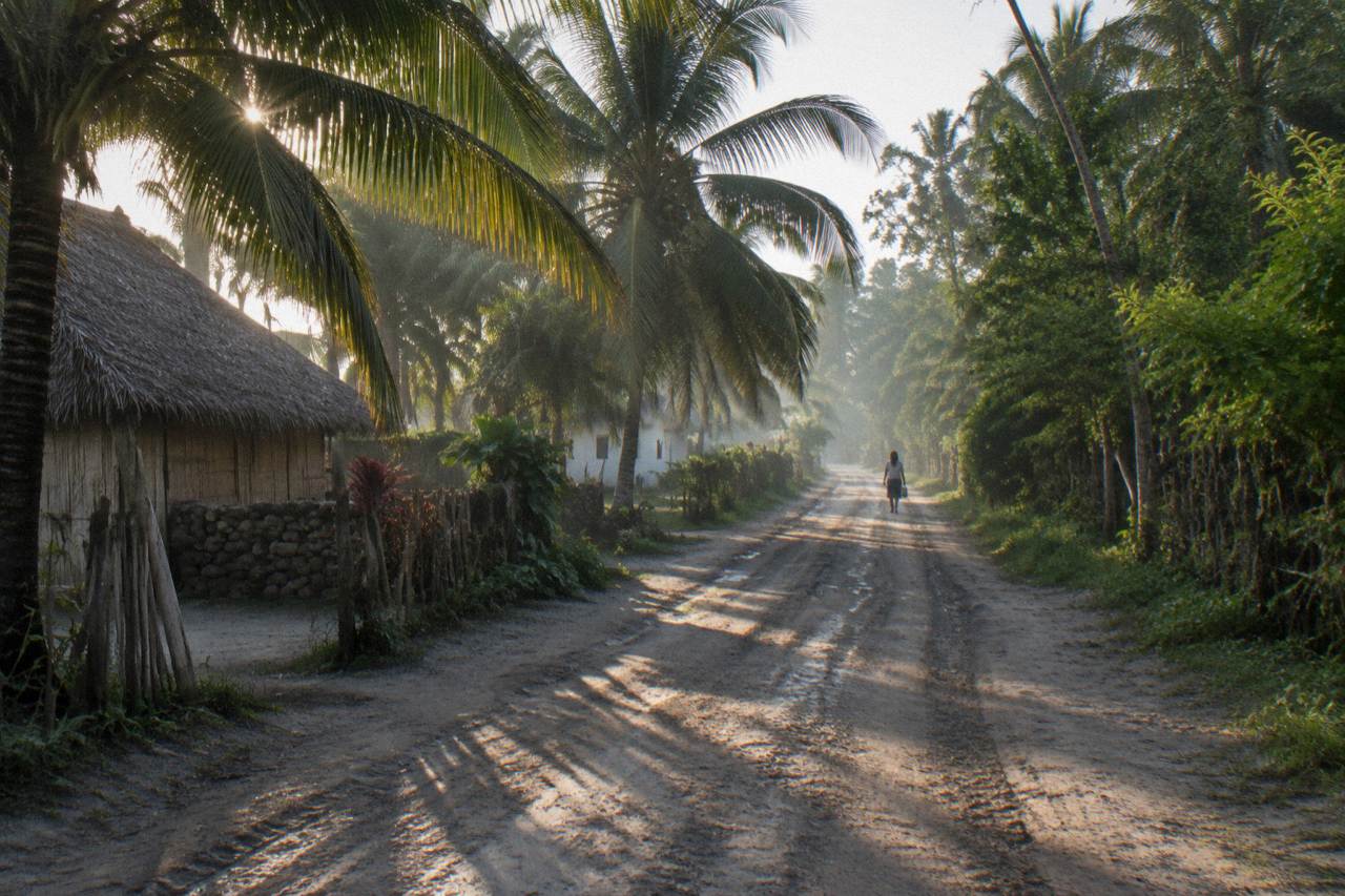 A quiet jungle road edged by palms and low forest near Tulum