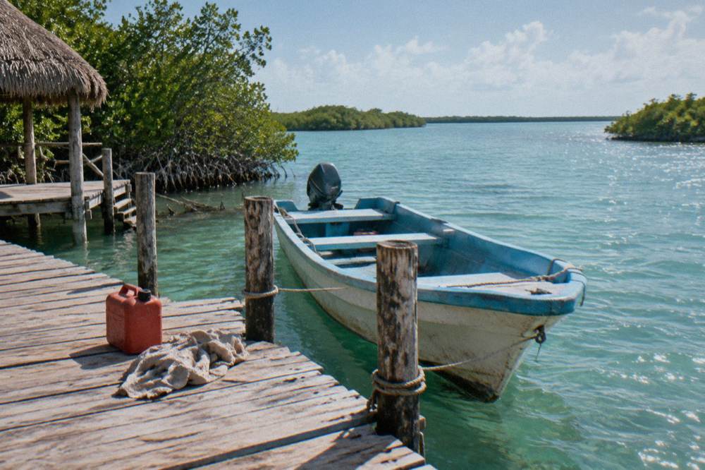 Small open boat at a wooden dock on a calm lagoon