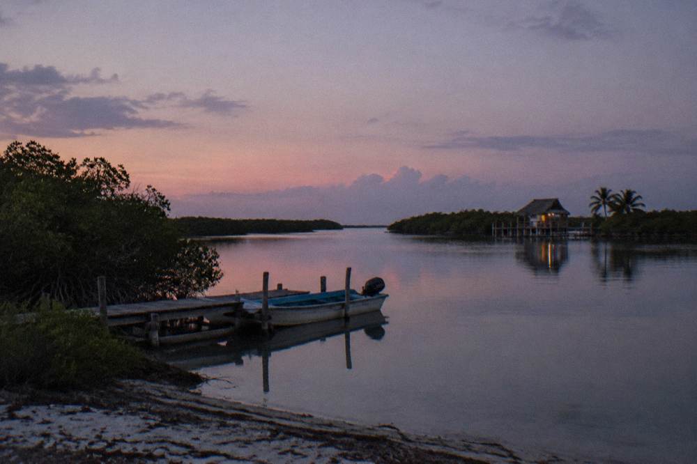 A calm lagoon at dusk with mangroves along the shore and a wide pale sky