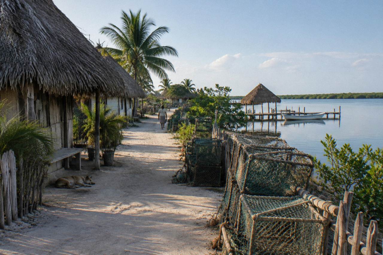 A small fishing village of palm-thatched buildings beside a calm lagoon at the end of a sandy track