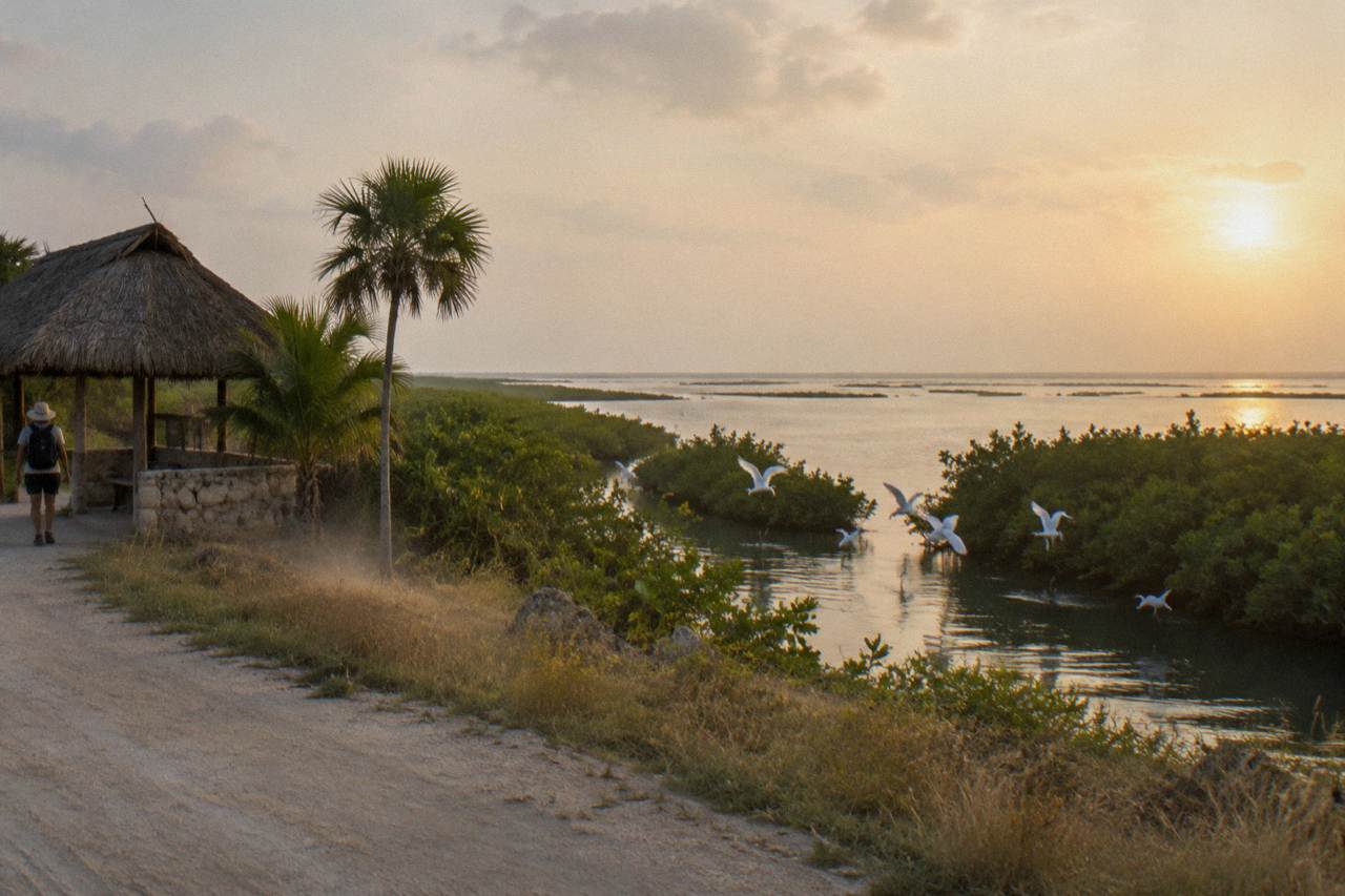 Wetlands and a lagoon stretching toward the horizon inside a low coastal forest reserve