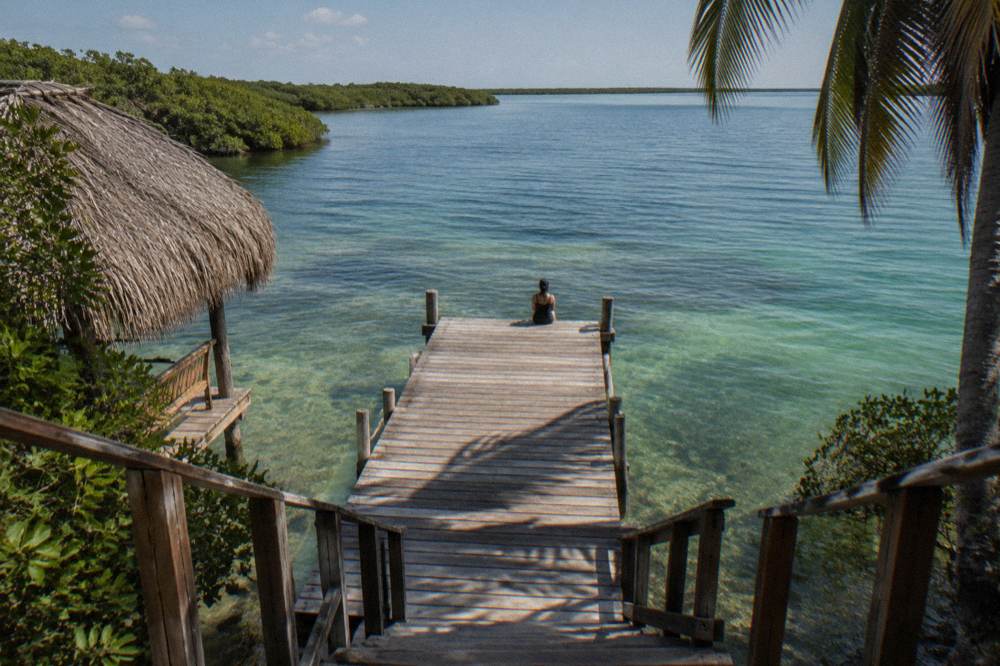Wooden observation dock extending into a glassy lagoon surrounded by forest