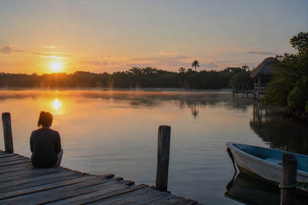 Sunrise light over still lagoon water with silhouetted mangrove trees along the shoreline
