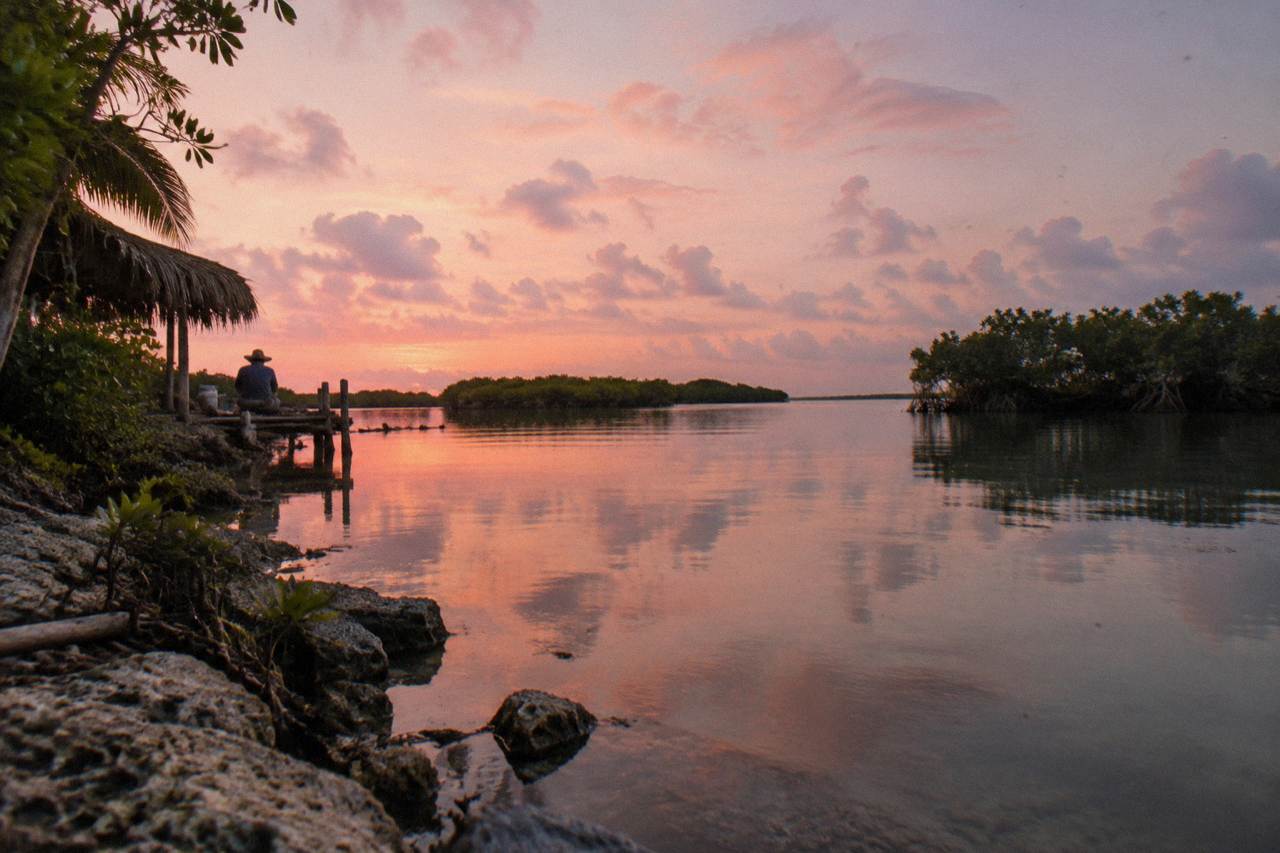 Still lagoon fringed by mangroves under a wide Caribbean sky at dawn
