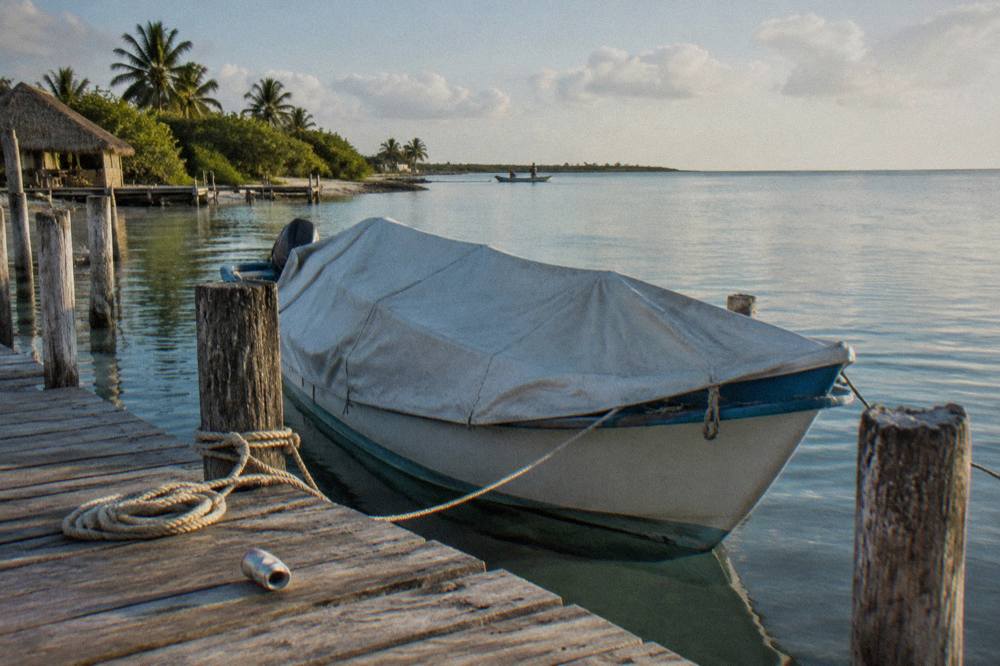 A covered boat moored at a wooden dock on a glassy lagoon with mangroves in the background
