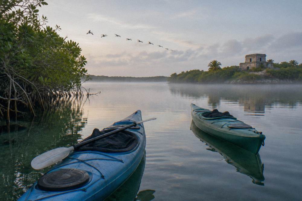 Two kayaks gliding across still lagoon water at first light with birds overhead
