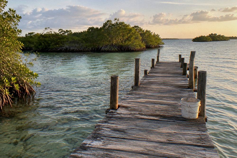 An empty wooden pier extending over a clear shallow lagoon toward distant mangrove islands