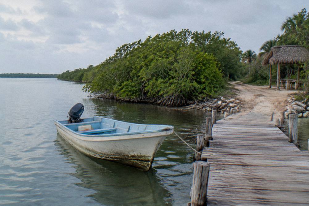 A small open boat resting on a lagoon beside a wooden dock at the end of a dirt track