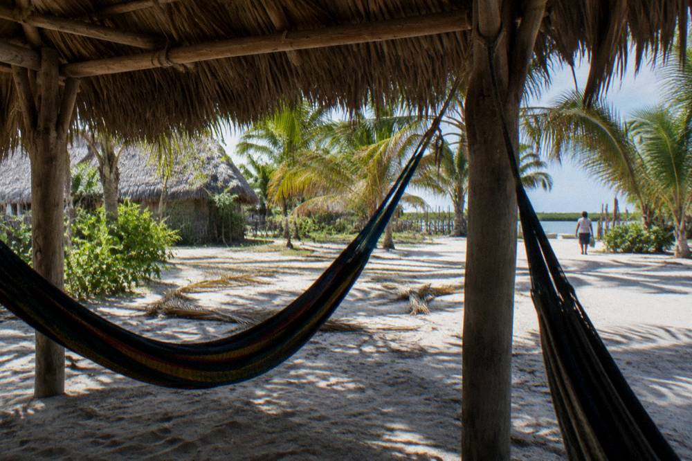 A thatched palapa shelter beside a sandy clearing with hammocks under palm trees