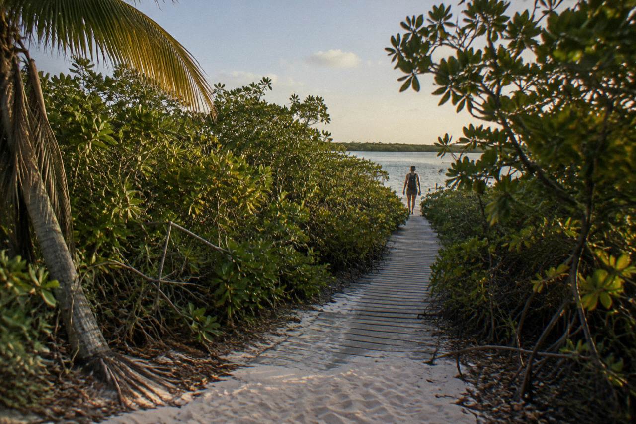 A wooden boardwalk leading through tall mangroves toward a calm lagoon at golden hour