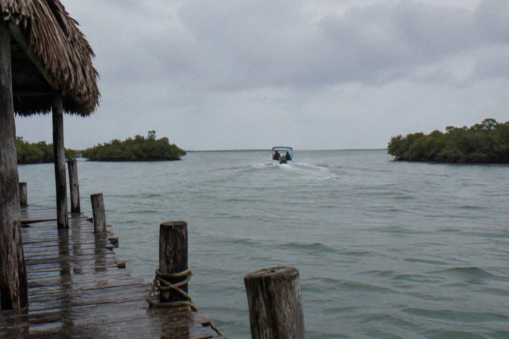 Small open boat with passengers cruising a wide lagoon between mangrove islands