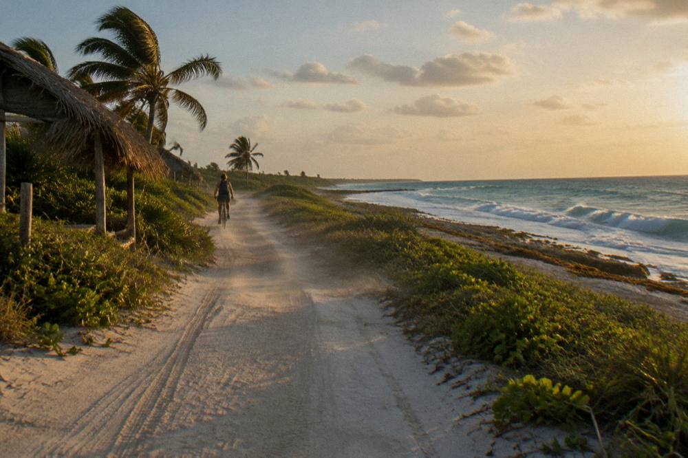 Narrow unpaved sand road running beside the Caribbean shoreline with low scrub