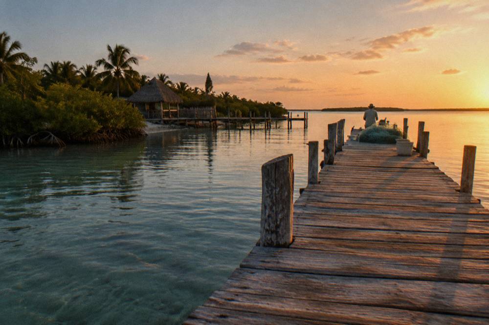 An empty wooden dock extending into a still lagoon at golden hour