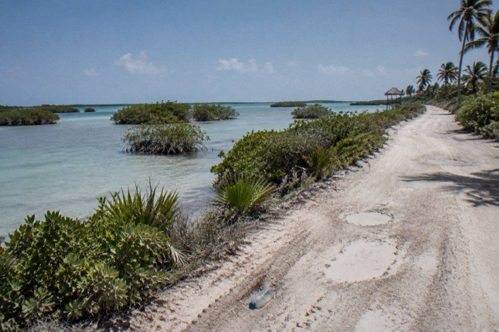 A dusty unpaved track winding beside a wide shallow lagoon with scattered mangrove islands