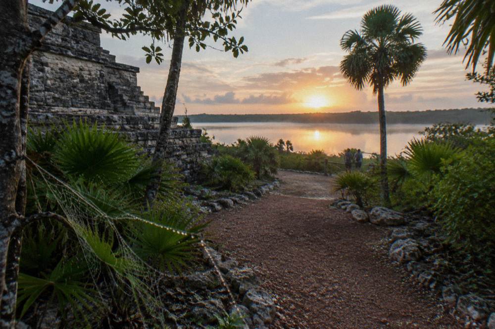 Tropical dry forest trail opening onto calm lagoon water at first light