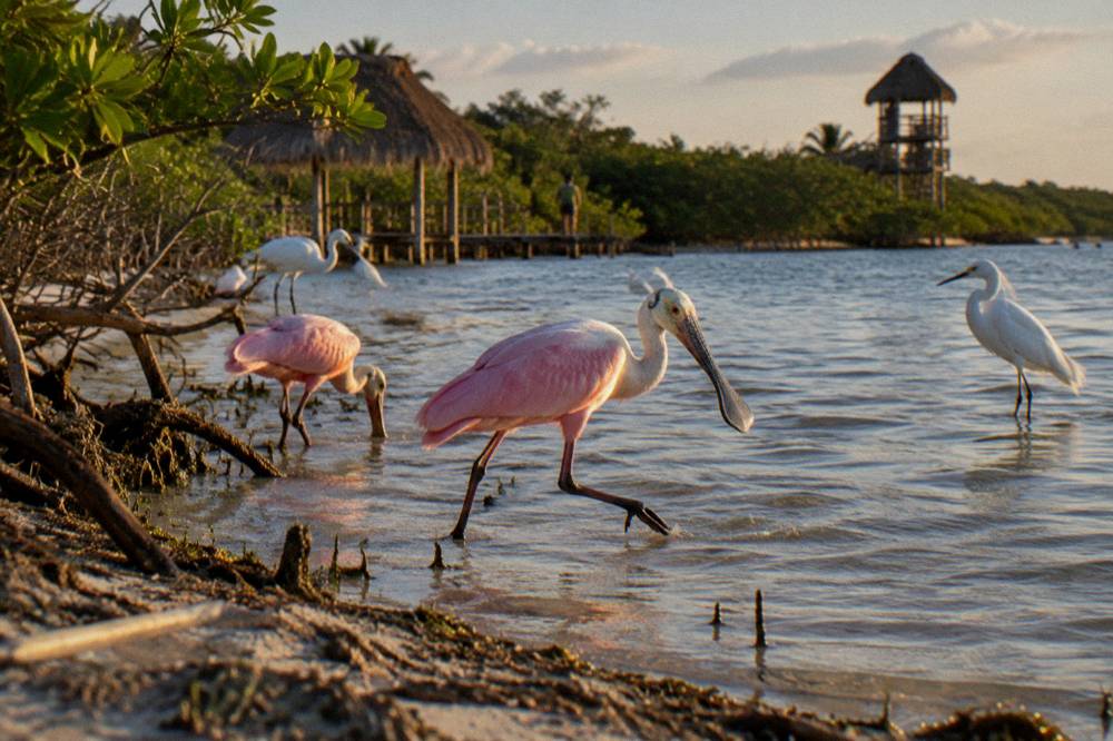 Wading birds standing in shallow lagoon water at sunrise