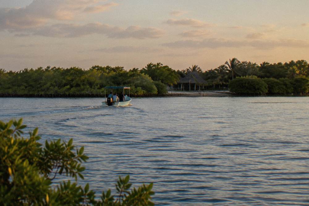 A small open boat crossing a wide calm lagoon toward a treed shoreline