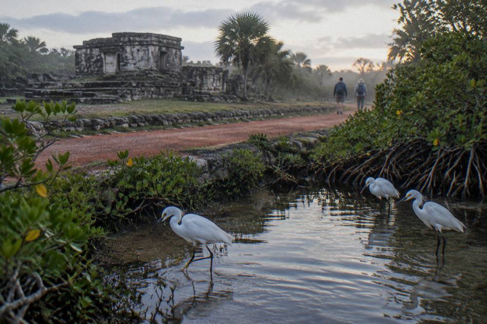 Wading birds standing in shallow lagoon water near mangrove roots at dawn
