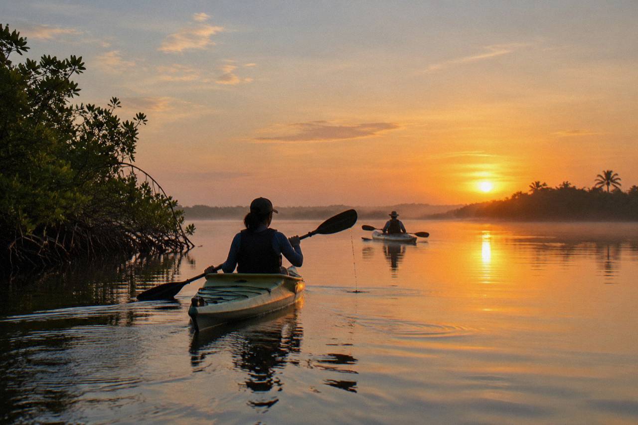 Sian Ka'an: kayaks on calm mangrove water at sunrise